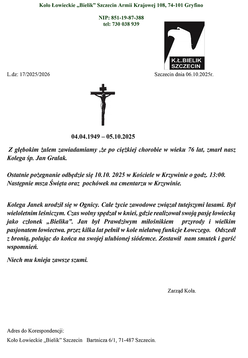 Pogrzeb Jana Gralaka ogłoszenie