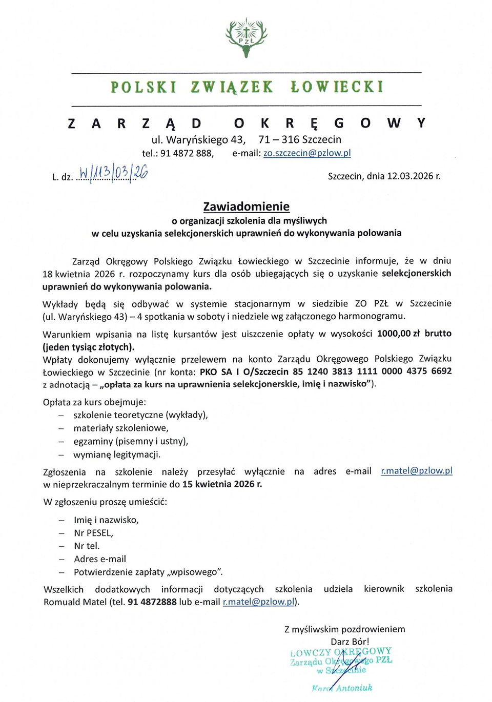 Szkolenie dla selekcjonerów 2026 zawiadomienie